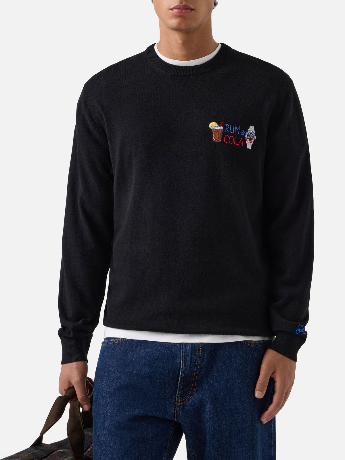 Girocollo in misto lana e cashmere Heron Light nero con ricamo Rum & Cola