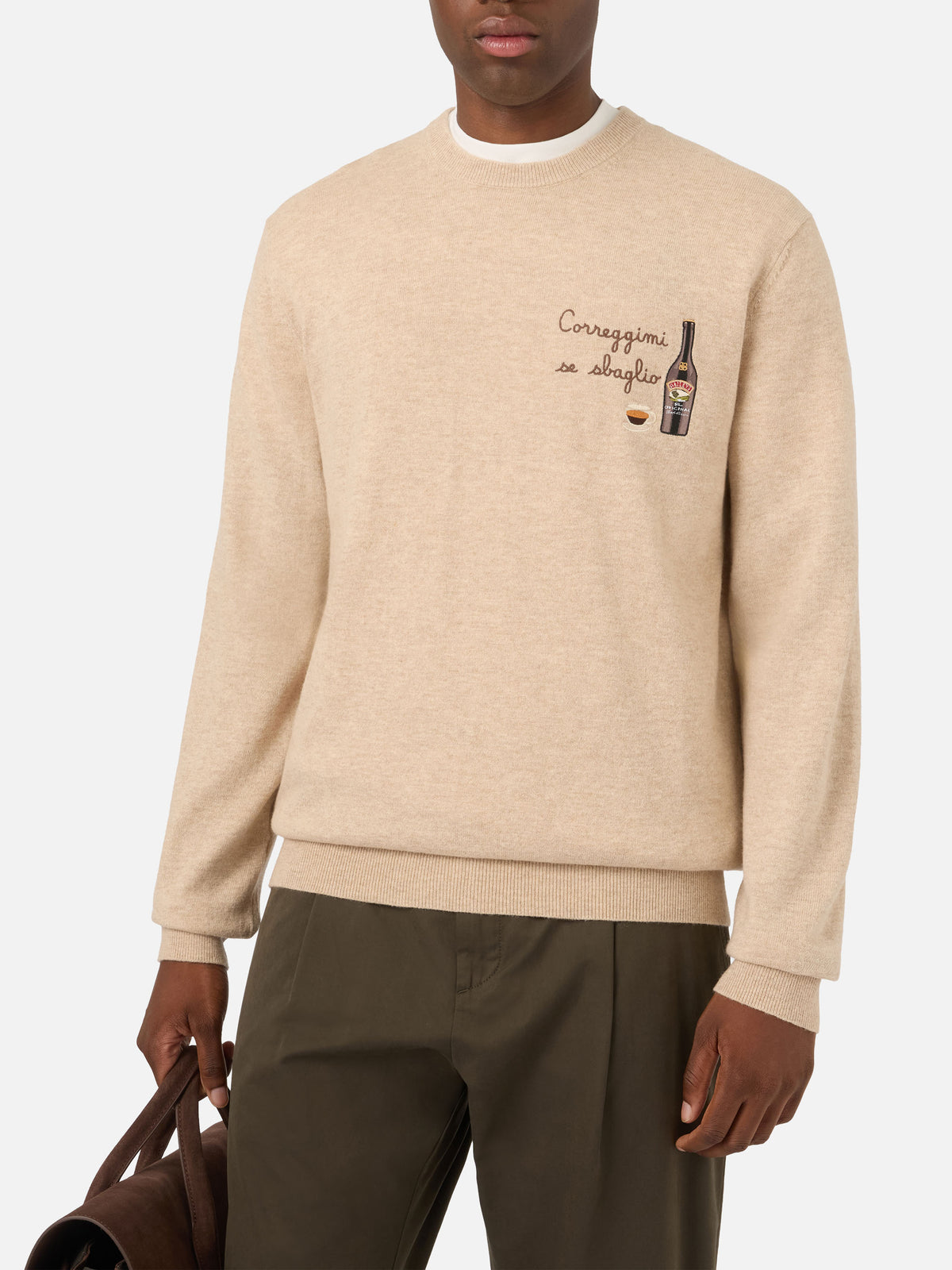 Maglia girocollo Heron Light beige in misto lana e cashmere con ricamo Baileys | Special edition