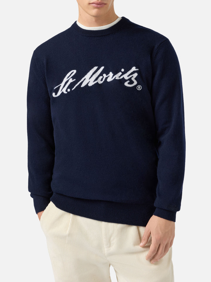 Maglione Heron Light in 100% CASHMERE blu con intarsio St. Moritz | ST. MORITZ TOP OF THE WORLD