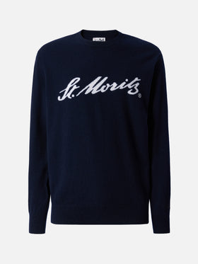 Heron Light Pullover aus 100 % blauem Kaschmir mit St. Moritz Intarsien | ST. MORITZ TOP OF THE WORLD