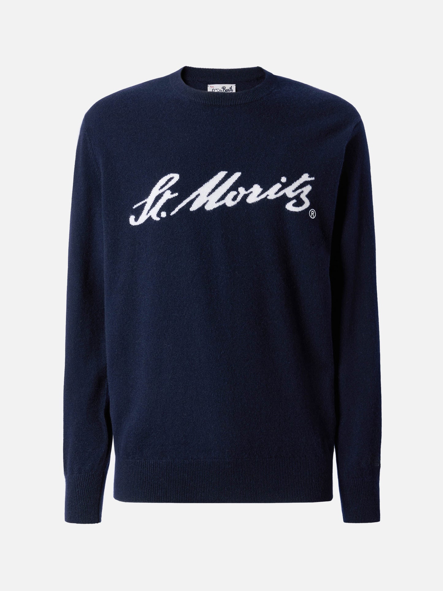 Heron Light sweater in 100% blue CASHMERE with St. Moritz intarsia | ST. MORITZ TOP OF THE WORLD