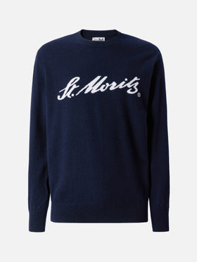 Heron Light sweater in 100% blue CASHMERE with St. Moritz intarsia | ST. MORITZ TOP OF THE WORLD