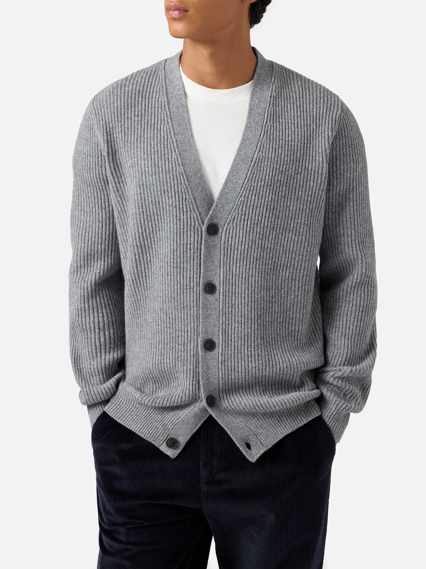 Herrison Strickjacke aus reiner Wolle in grauem Melange mit englischem Rippstrick