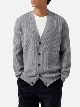 Herrison Strickjacke aus reiner Wolle in grauem Melange mit englischem Rippstrick