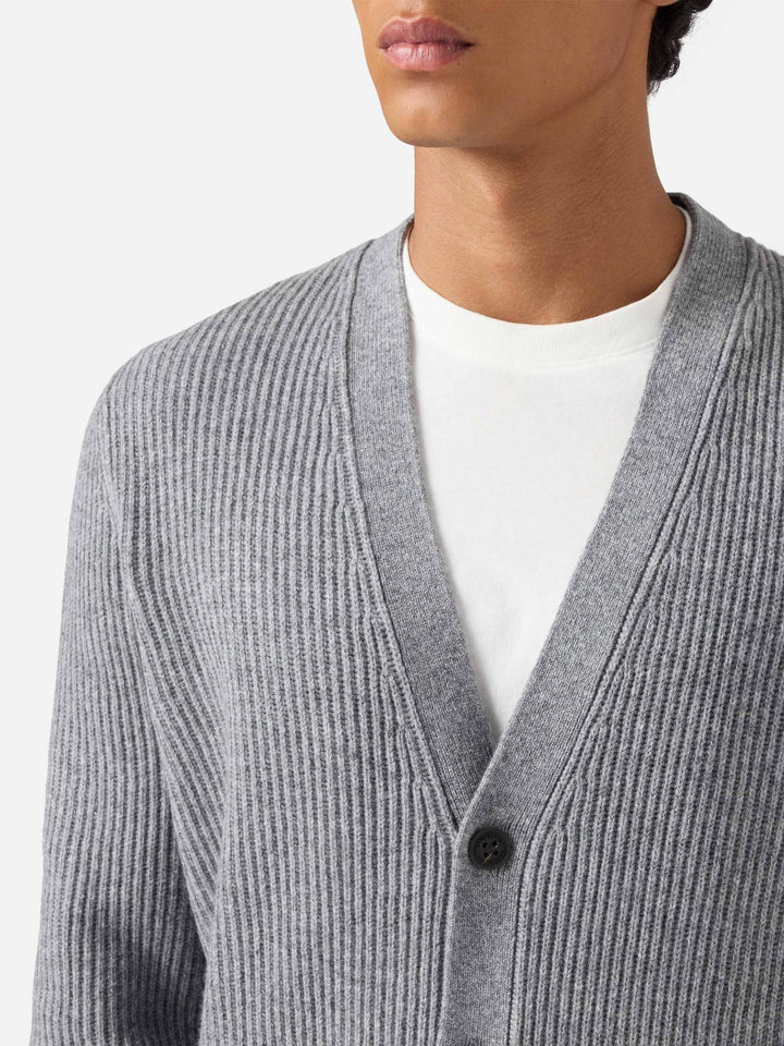 Cardigan Herrison in pura lana grigio melange a coste inglesi