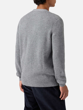 Herrison Strickjacke aus reiner Wolle in grauem Melange mit englischem Rippstrick