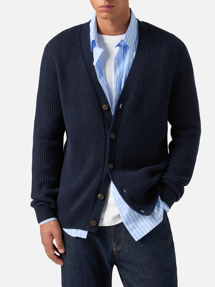 Navy blue Herrison wool ribbed cardigan