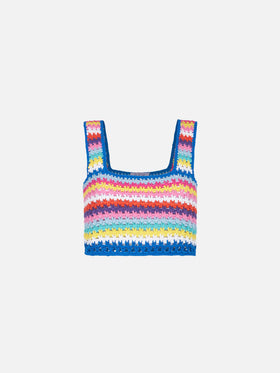 Top Halima crochet multicolore su fondo bluette
