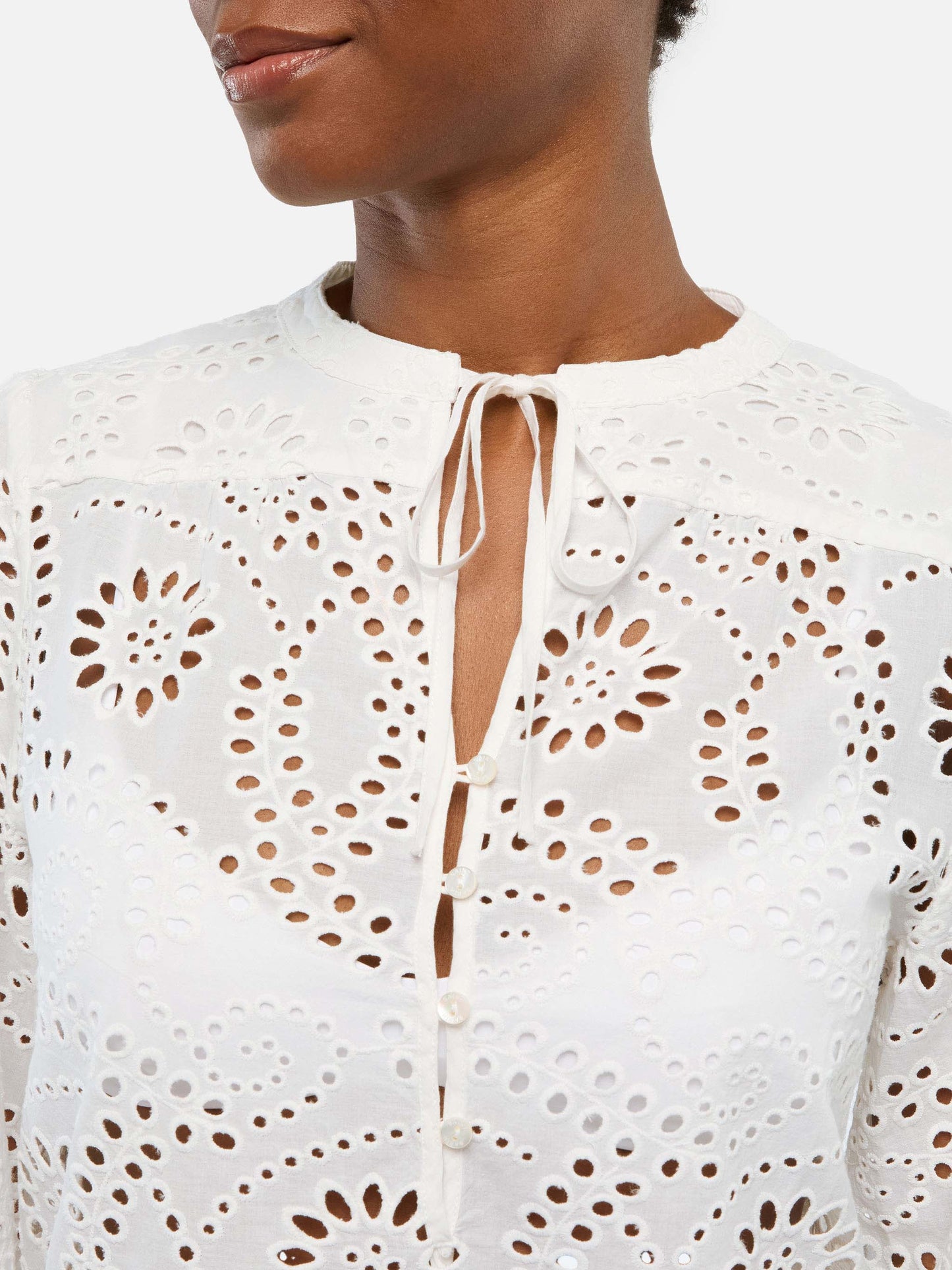 Harper silk voile blouse in white Sangallo lace