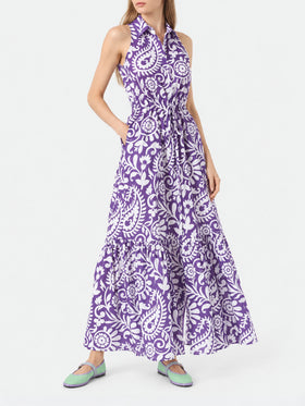 Abito lungo Ida in cotone con fantasia paisley viola