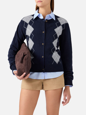 Cardigan Sierra bleu marine blue en mélange de laine et de cachemire avec motif argyle 