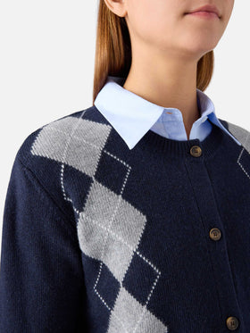 Cardigan Sierra bleu marine blue en mélange de laine et de cachemire avec motif argyle 