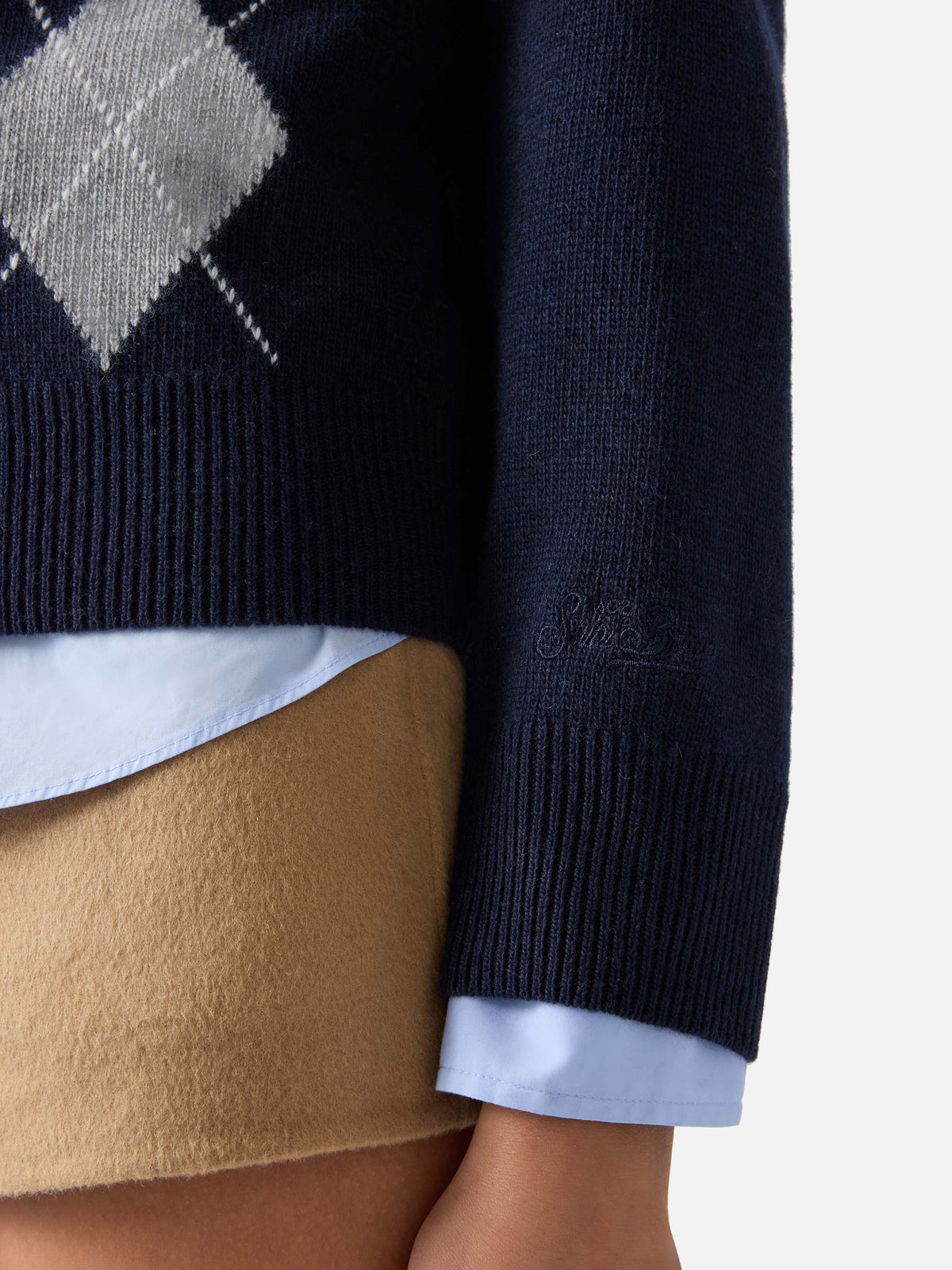 Cardigan Sierra bleu marine blue en mélange de laine et de cachemire avec motif argyle 