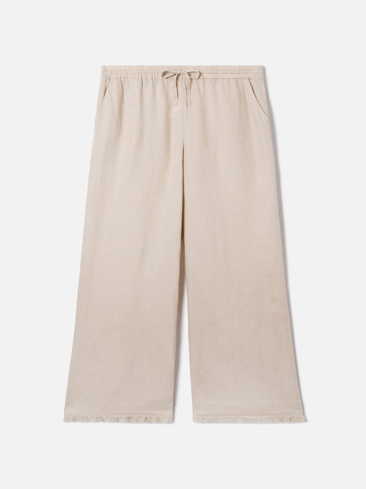 Pantaloni Irma in lino beige con fondo sfrangiato