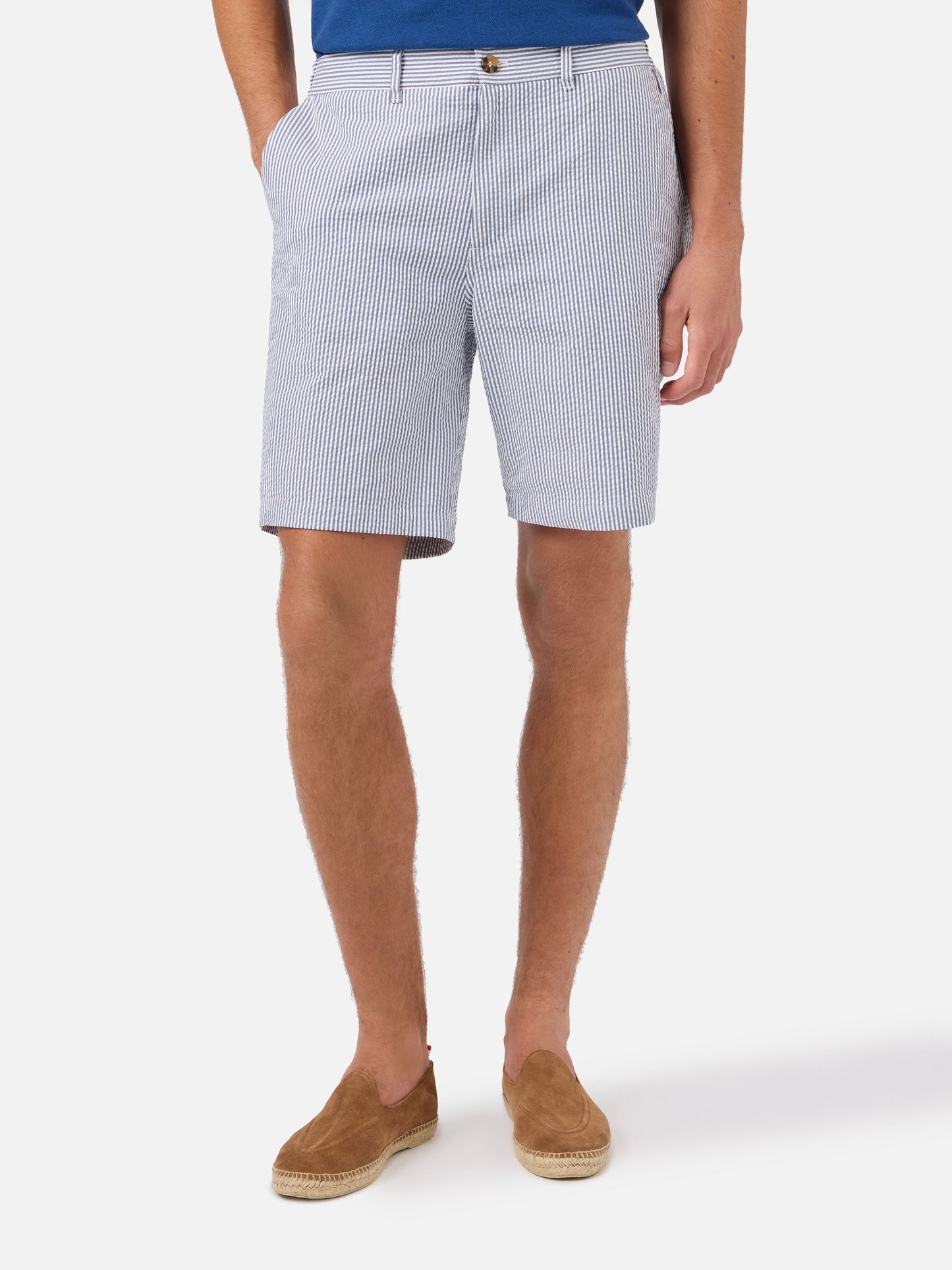 Marineblaue Ischia-Bermudashorts aus gestreiftem Seersucker 