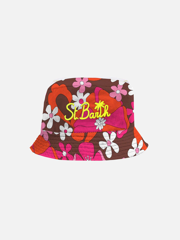 Cotton bucket hat with front embroidery and floral pattern