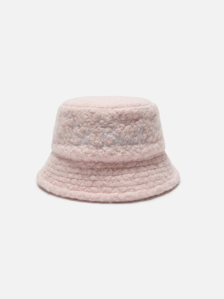 Cappello bucket in sherpa rosa con ricamo frontale