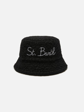 Schwarzer Sherpa-Bucket-Hat mit Stickerei vorne
