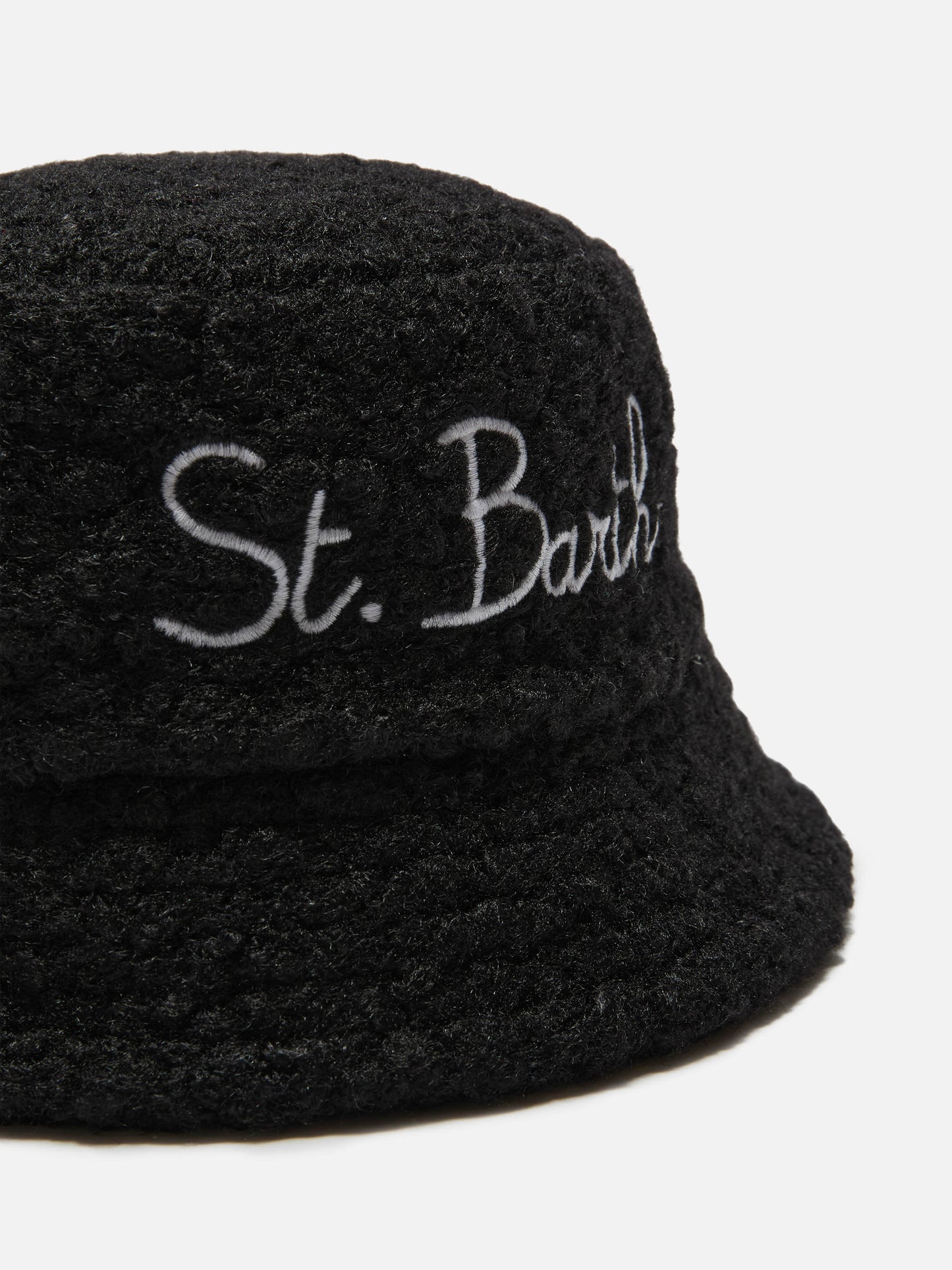 Schwarzer Sherpa-Bucket-Hat mit Stickerei vorne