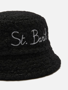 Schwarzer Sherpa-Bucket-Hat mit Stickerei vorne