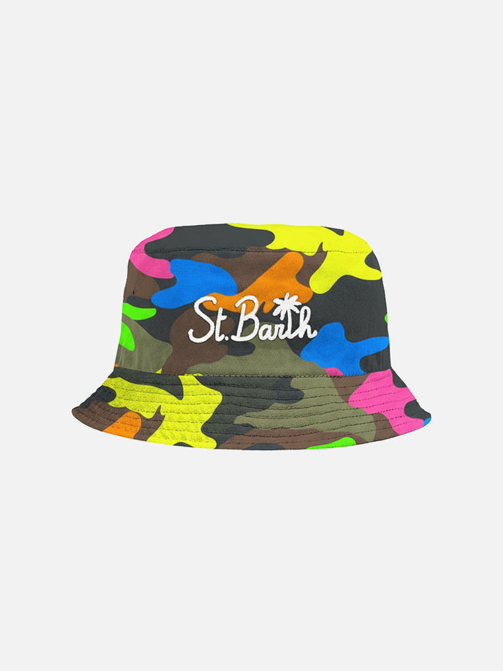 Cotton bucket hat with front embroidery multicolor fluo