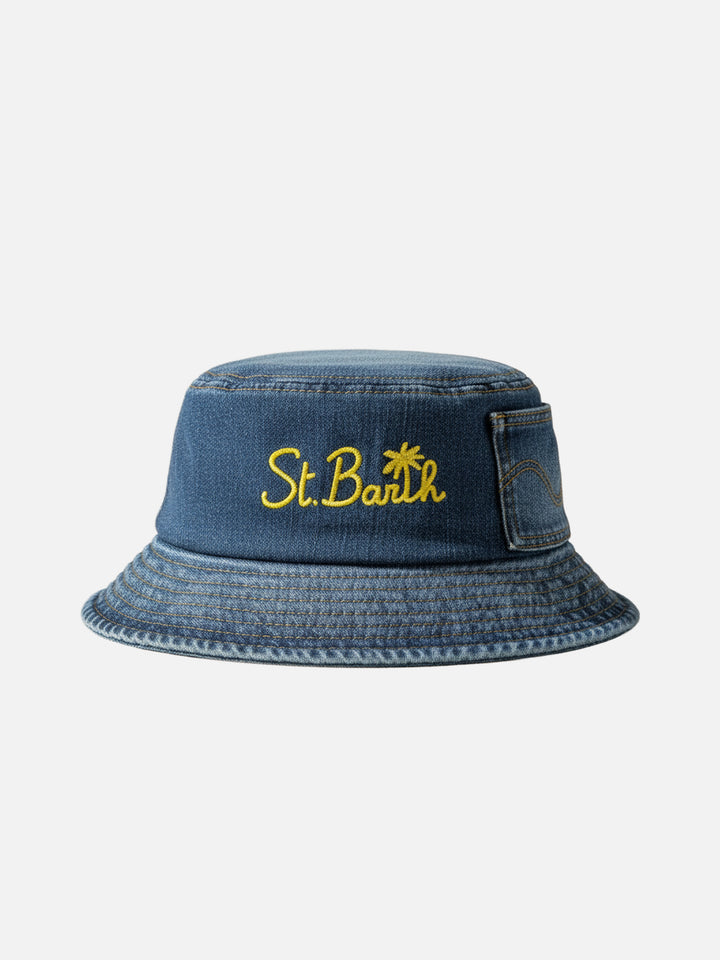 Cotton bucket hat with front embroidery in denim
