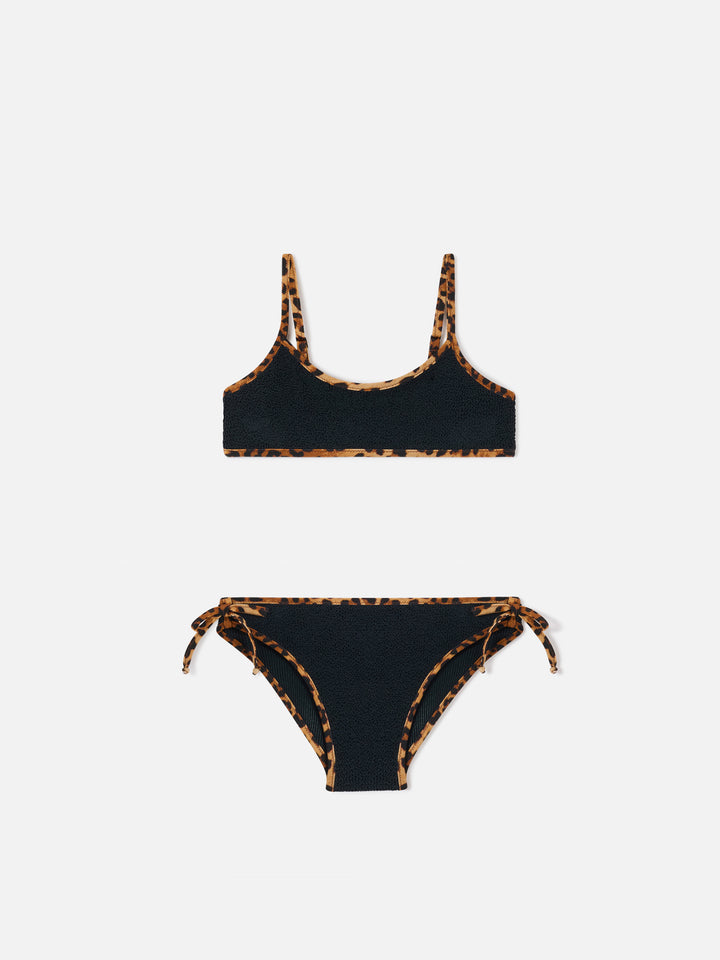 Jaiden String-Bikini aus schwarzem Crinkle mit Leopardenbesätzen 