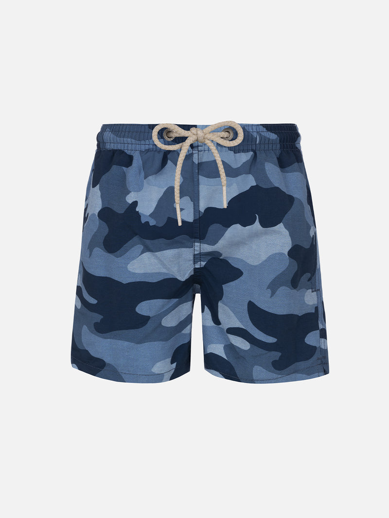 Boy mid-length Jean swim-shorts with camouflage print