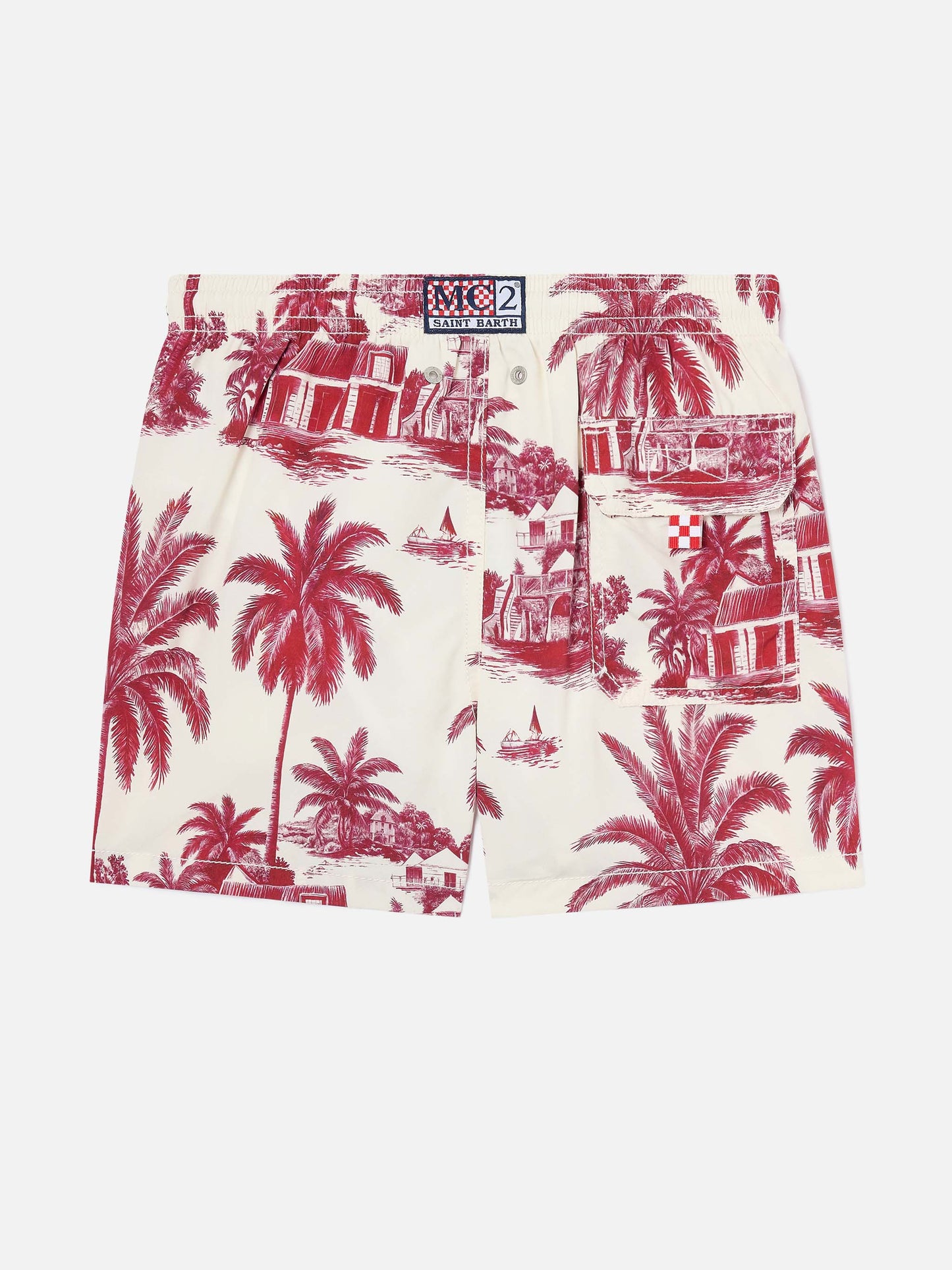 Jean-Badeshorts mit rotem Toile de Jouy-Print 