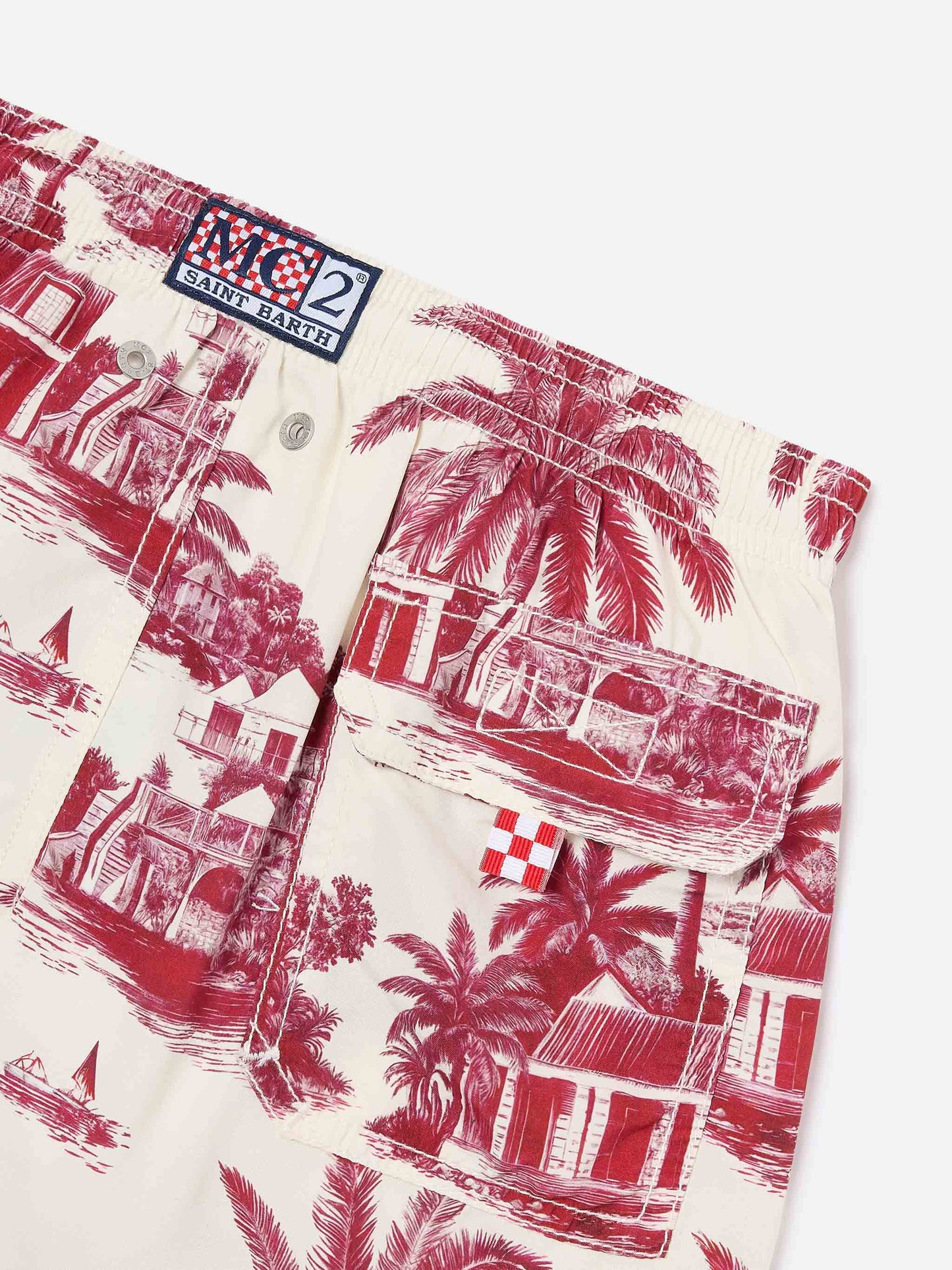 Jean-Badeshorts mit rotem Toile de Jouy-Print 