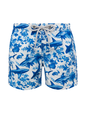Jean mid-length swim shorts with shark toile de jouy print | AI CO-CREATED DESIGN BY RICKDICK - POWERED BY RED-EYE - MC2 Saint Barth