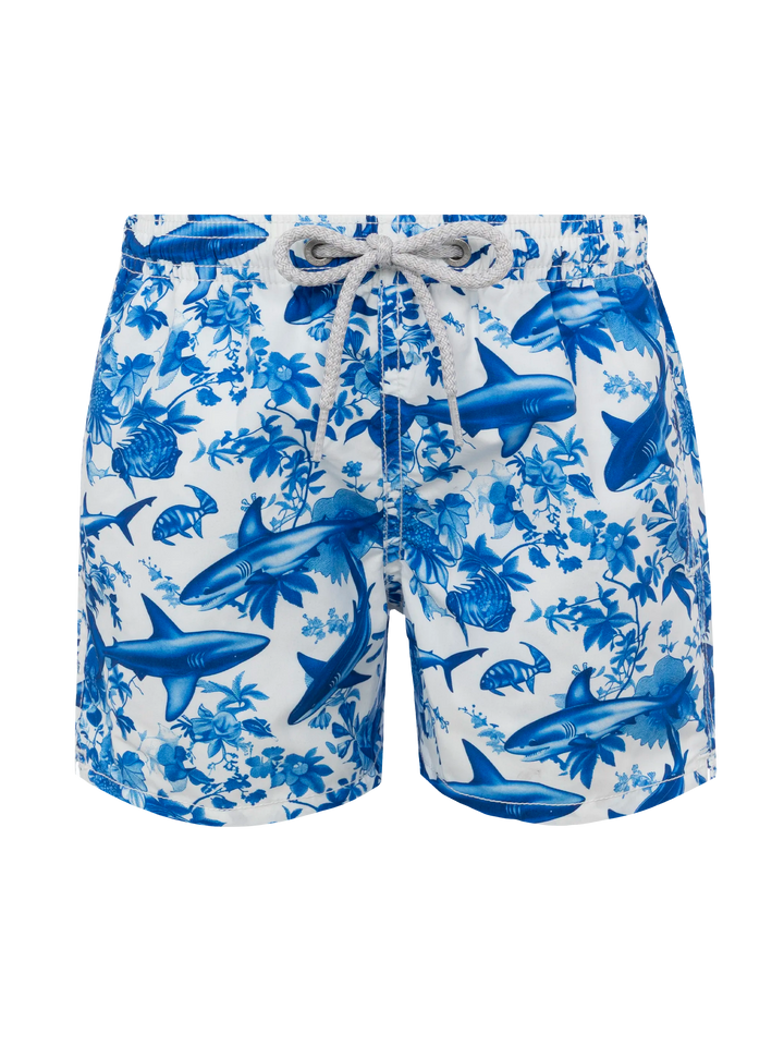 Jean mid-length swim shorts with shark toile de jouy print | AI CO-CREATED DESIGN BY RICKDICK - POWERED BY RED-EYE - MC2 Saint Barth