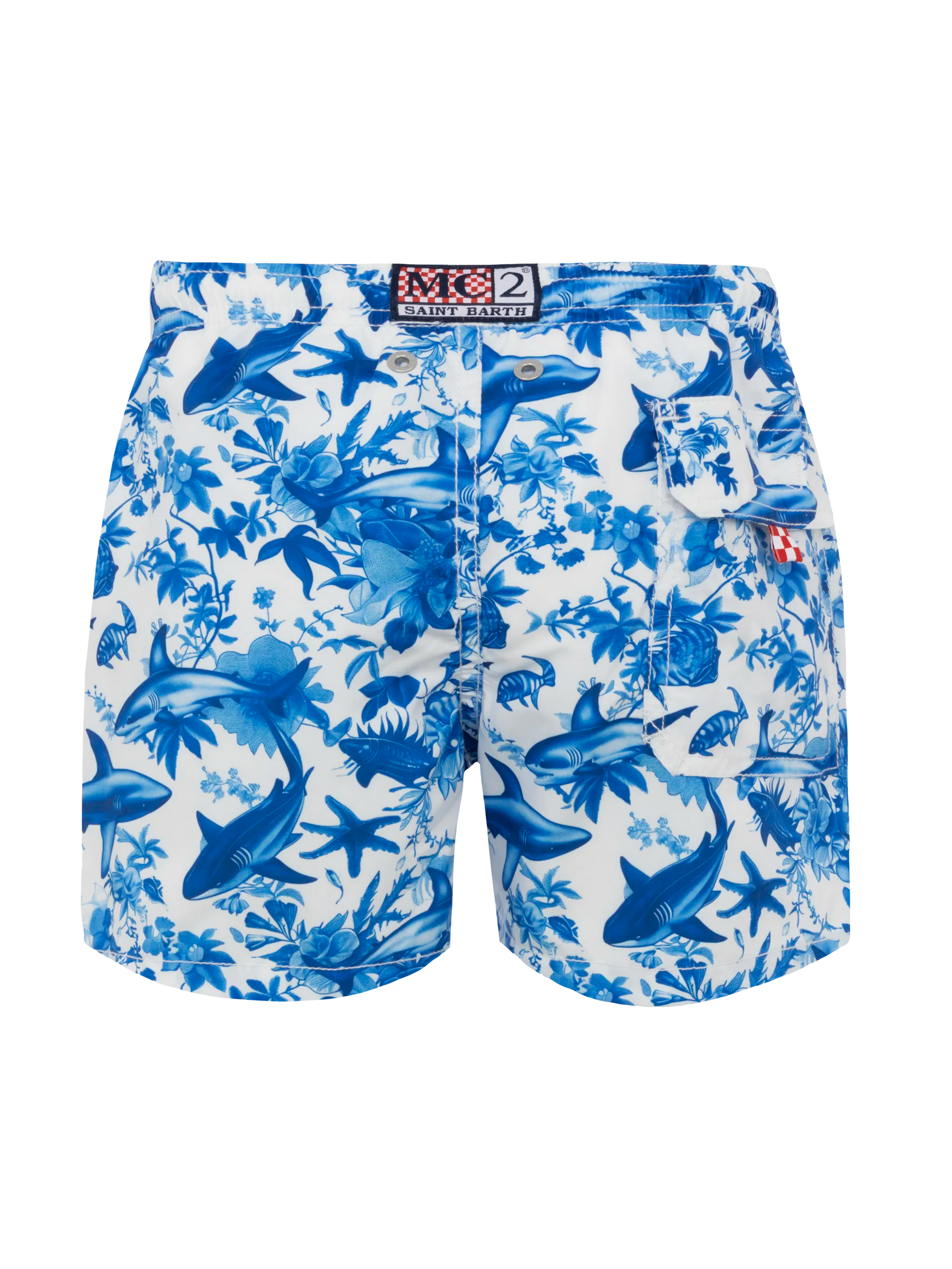 Jean mid-length swim shorts with shark toile de jouy print | AI CO-CREATED DESIGN BY RICKDICK - POWERED BY RED-EYE - MC2 Saint Barth