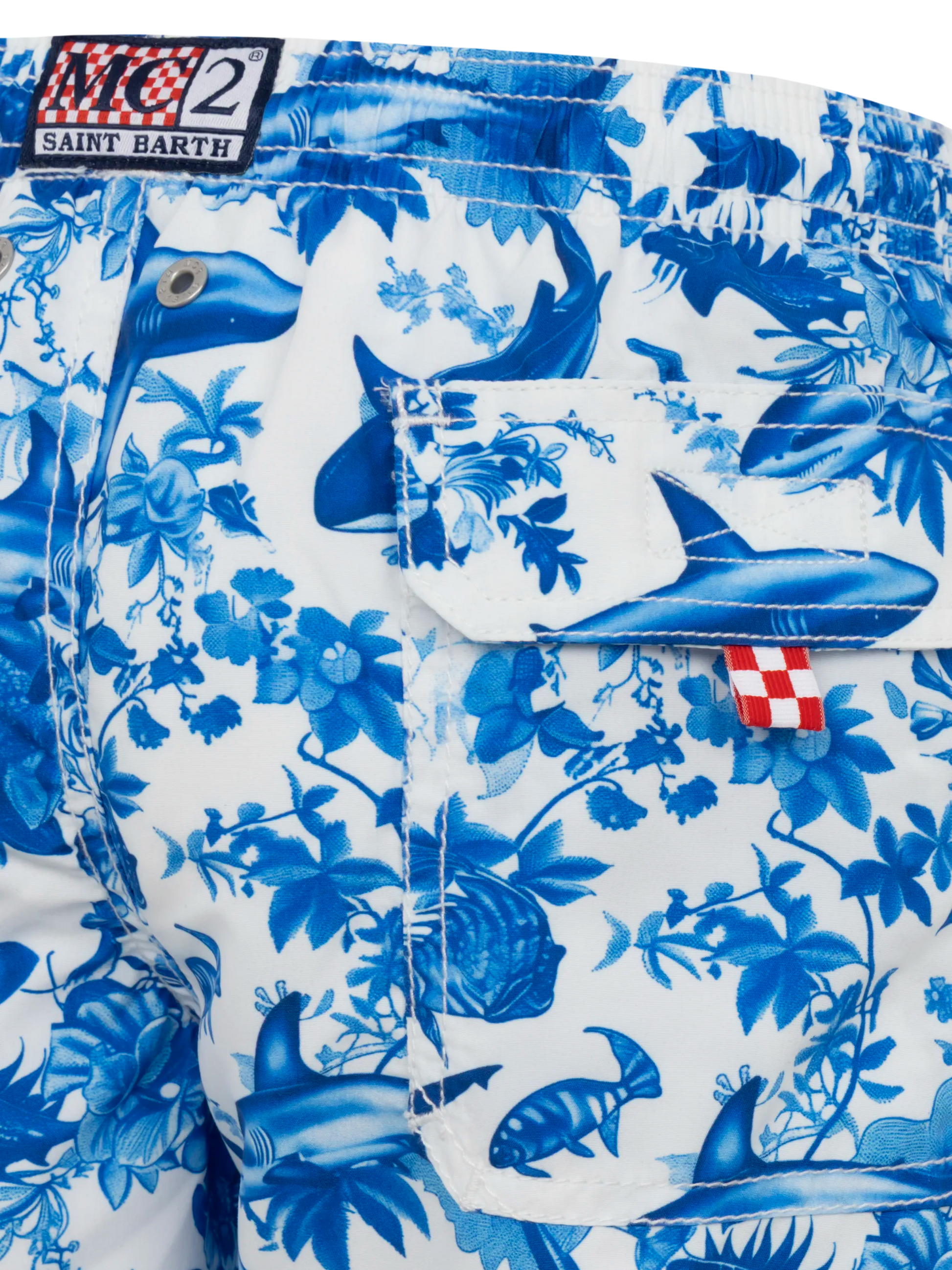 Jean mid-length swim shorts with shark toile de jouy print | AI CO-CREATED DESIGN BY RICKDICK - POWERED BY RED-EYE - MC2 Saint Barth