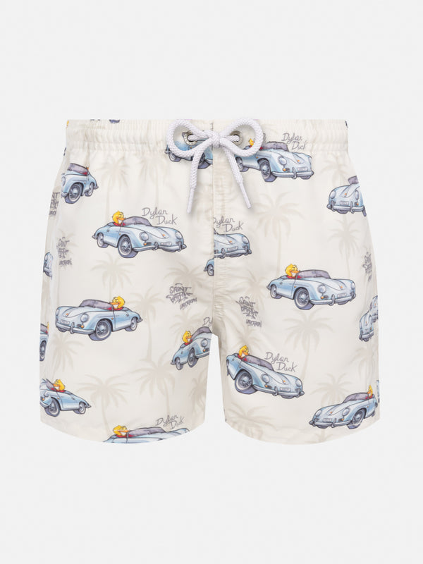 Jean mid-length swim shorts with Cryptopuppets car print | CRYPTOPUPPETS SPECIAL EDITION