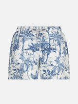 Boy mid-length Jean swim-shorts with toile de jouy print