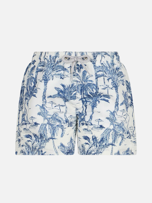 Boy mid-length Jean swim-shorts with toile de jouy print