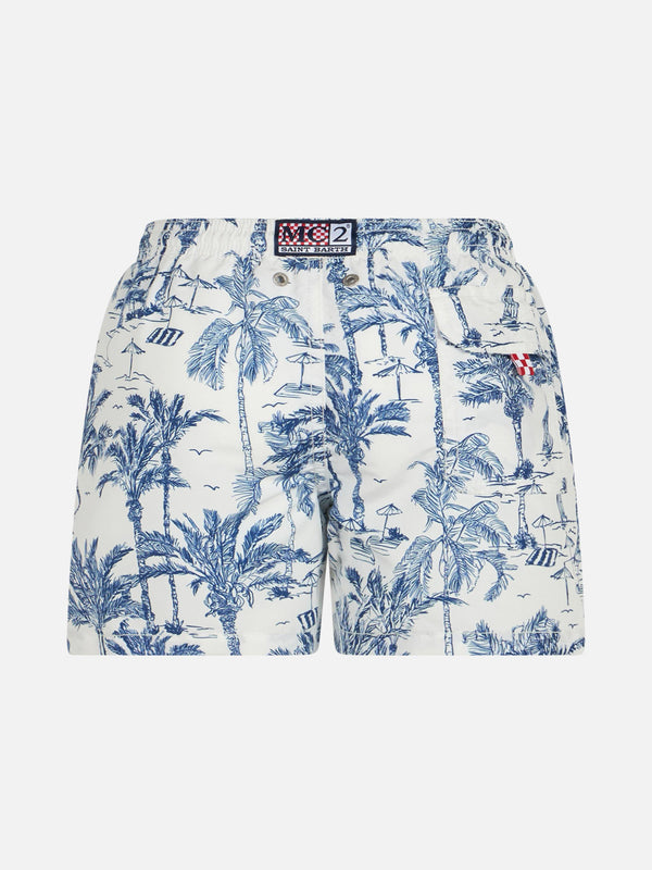 Jean mid-length swim shorts with toile de jouy print