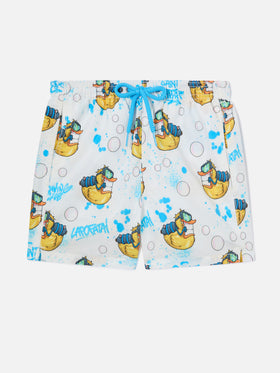 Bañador infantil de largo medio en tejido vaquero con estampado Crypto Ducky | CRYPTOPUPPETS SPECIAL EDITION 
