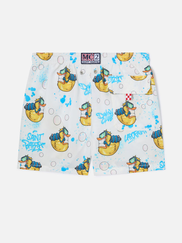 Jungen-Badeshorts in mittlerer Länge aus Jeansstoff mit Crypto Ducky-Print | CRYPTOPUPPETS SPECIAL EDITION 