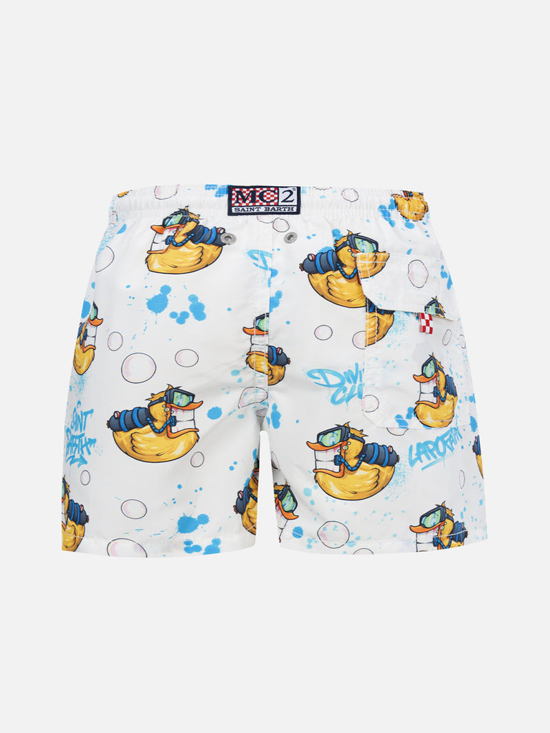 Boy mid-length Jean swim-shorts with Crypto Ducky print | CRYPTOPUPPETS SPECIAL EDITION