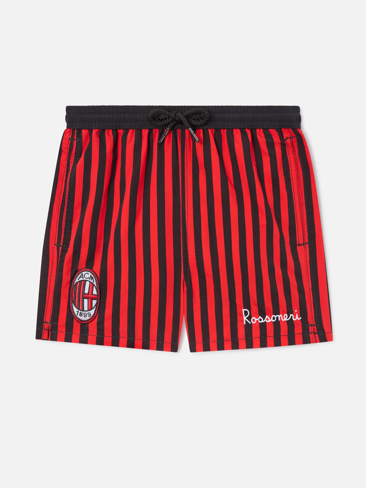 Red and black Jean swim shorts with striped print and Milan crest | Special edition