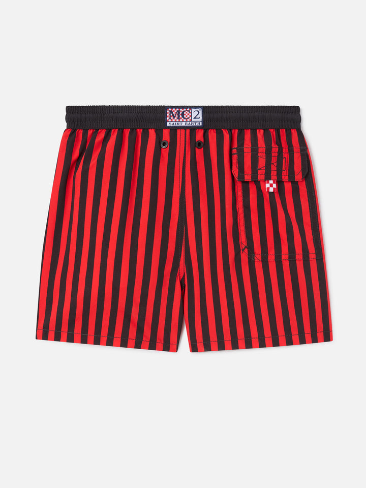 Red and black Jean swim shorts with striped print and Milan crest | Special edition