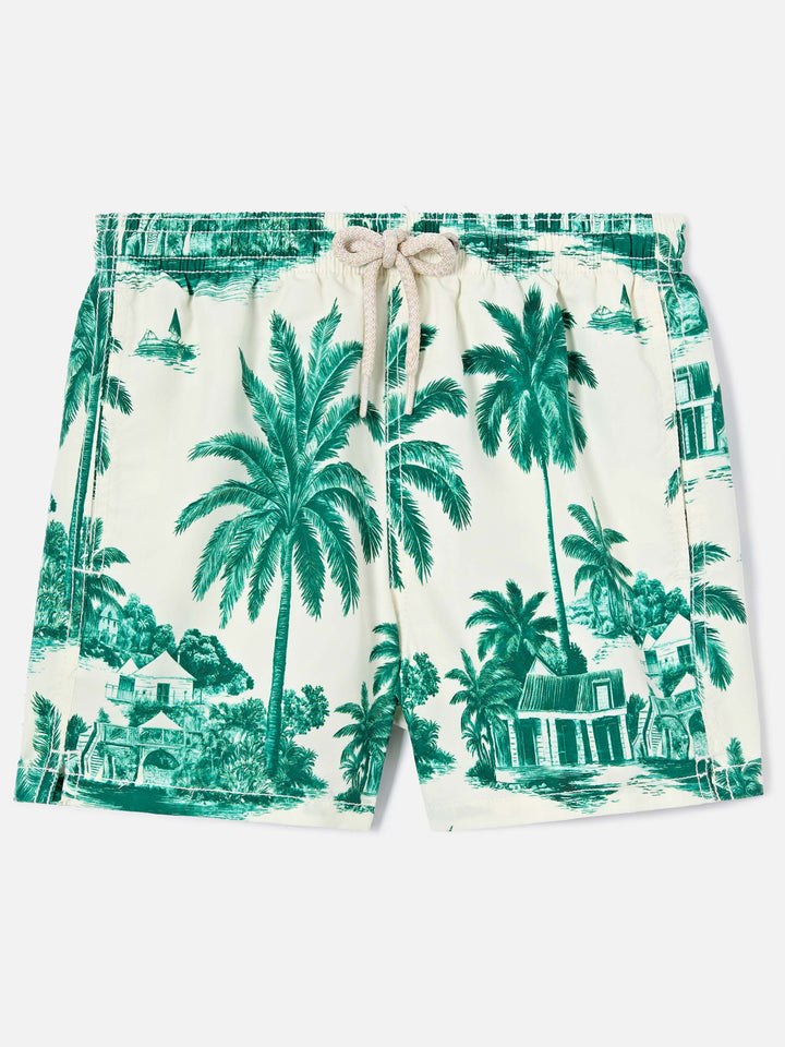 Jean swim shorts with Toile de Jouy green print