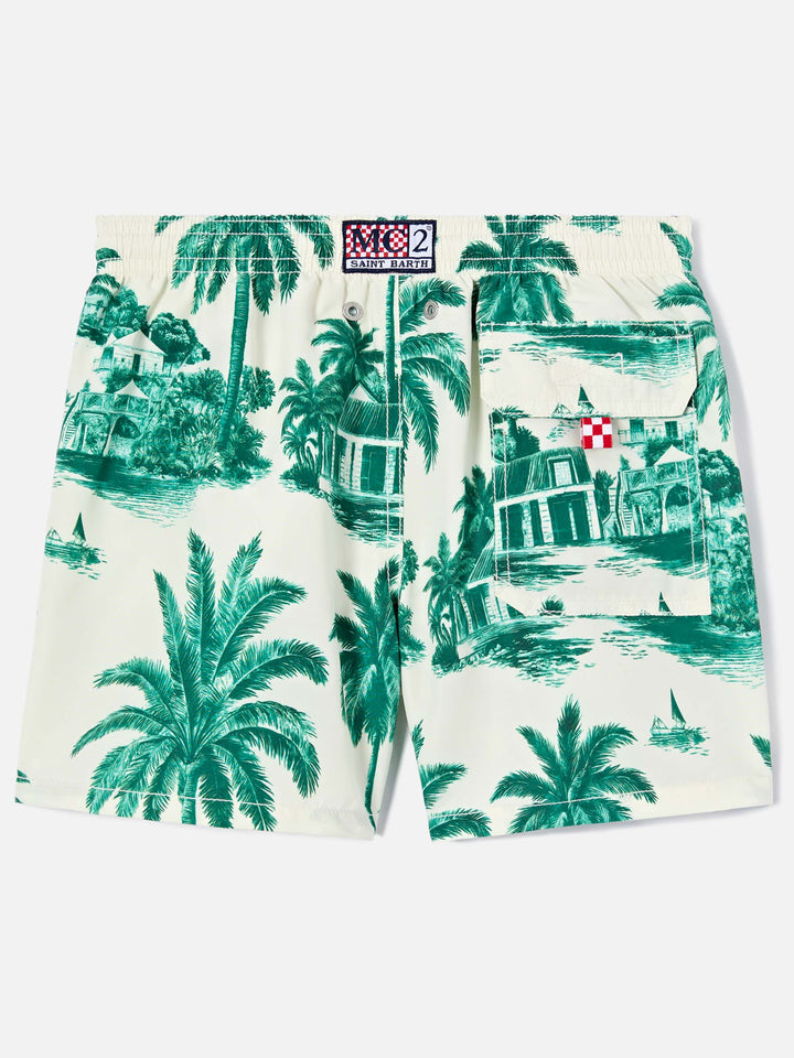 Jean swim shorts with Toile de Jouy green print