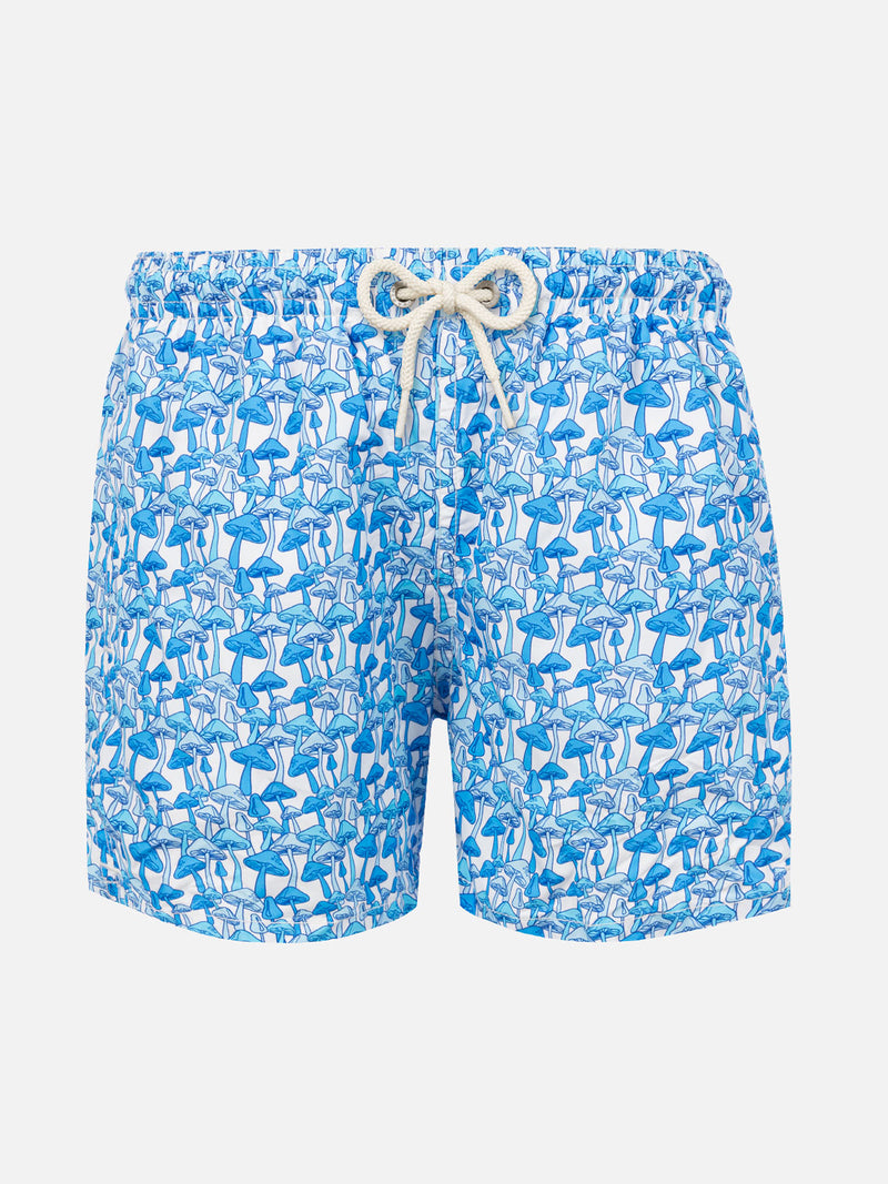 Boy light fabric swim shorts with light blue mushrooms print