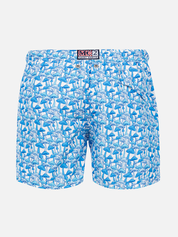 Boy light fabric swim shorts with light blue mushrooms print