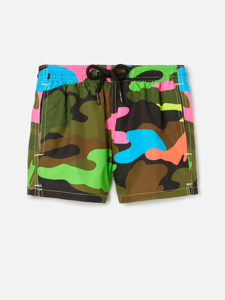 Costume da bambino con stampa mimetica fluo multicolore