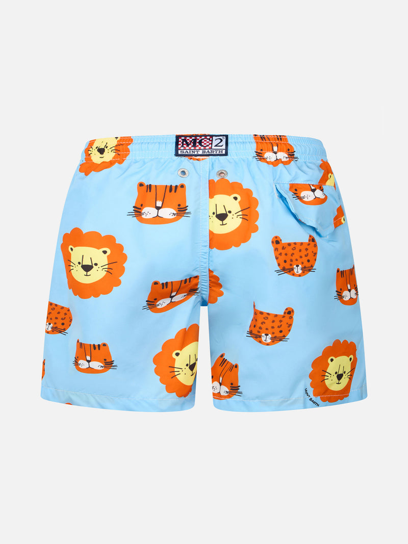 Boy lightweight fabric swim-shorts Jean Lighting with lions print