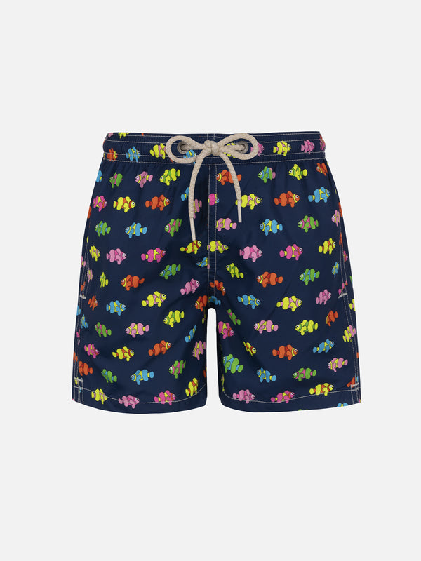 Boy lightweight fabric swim-shorts Jean Lighting with fishes print